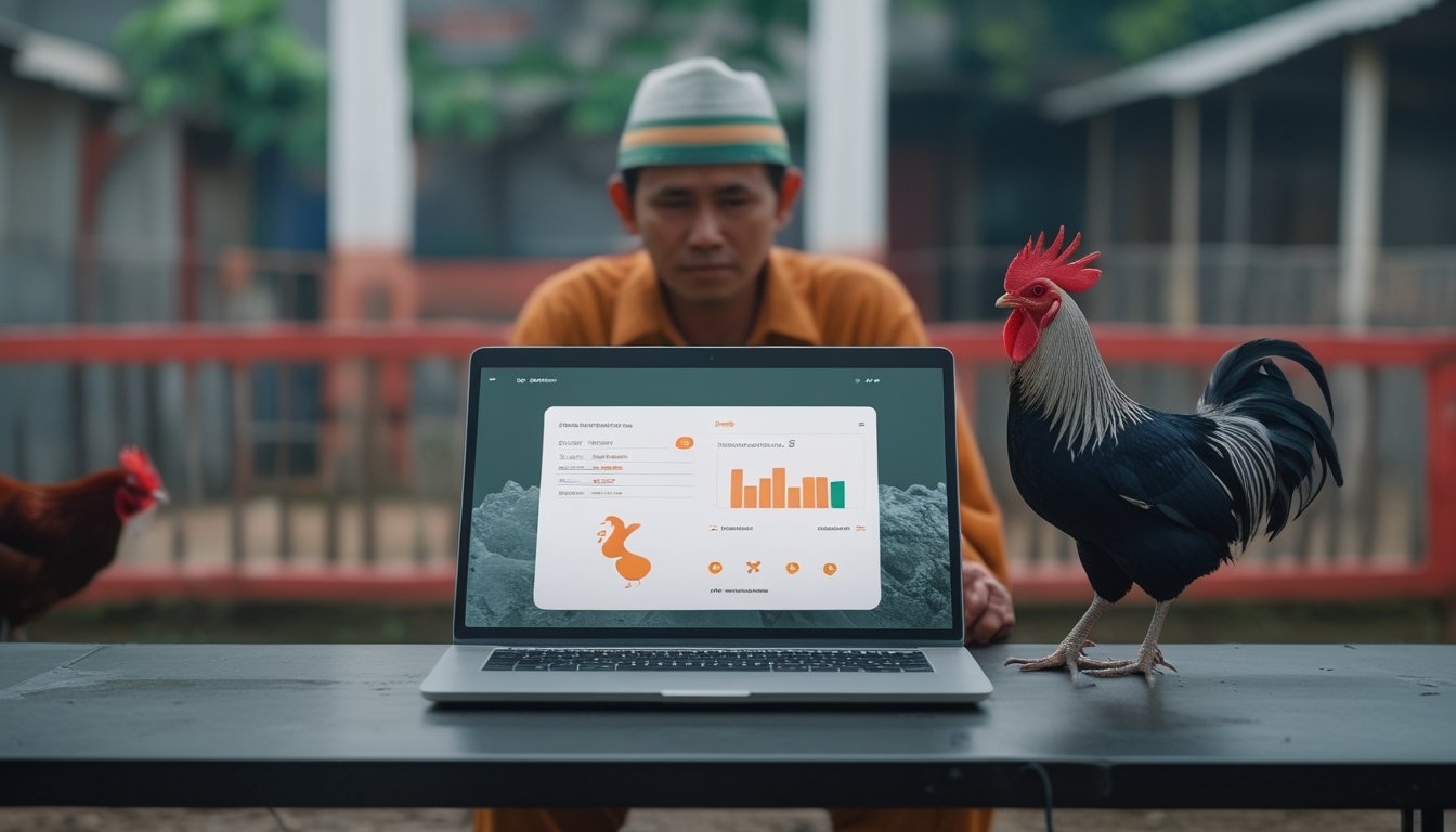 Perangkat digital menampilkan dasbor analitik abstrak dengan dua ayam jantan dalam kandang terpisah di latar belakang.