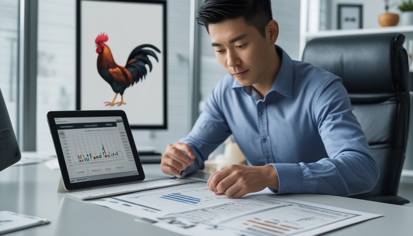 Seorang pemula mempelajari grafik dan data peluang di meja kerja dengan ilustrasi ayam jantan yang sederhana di latar belakang.
