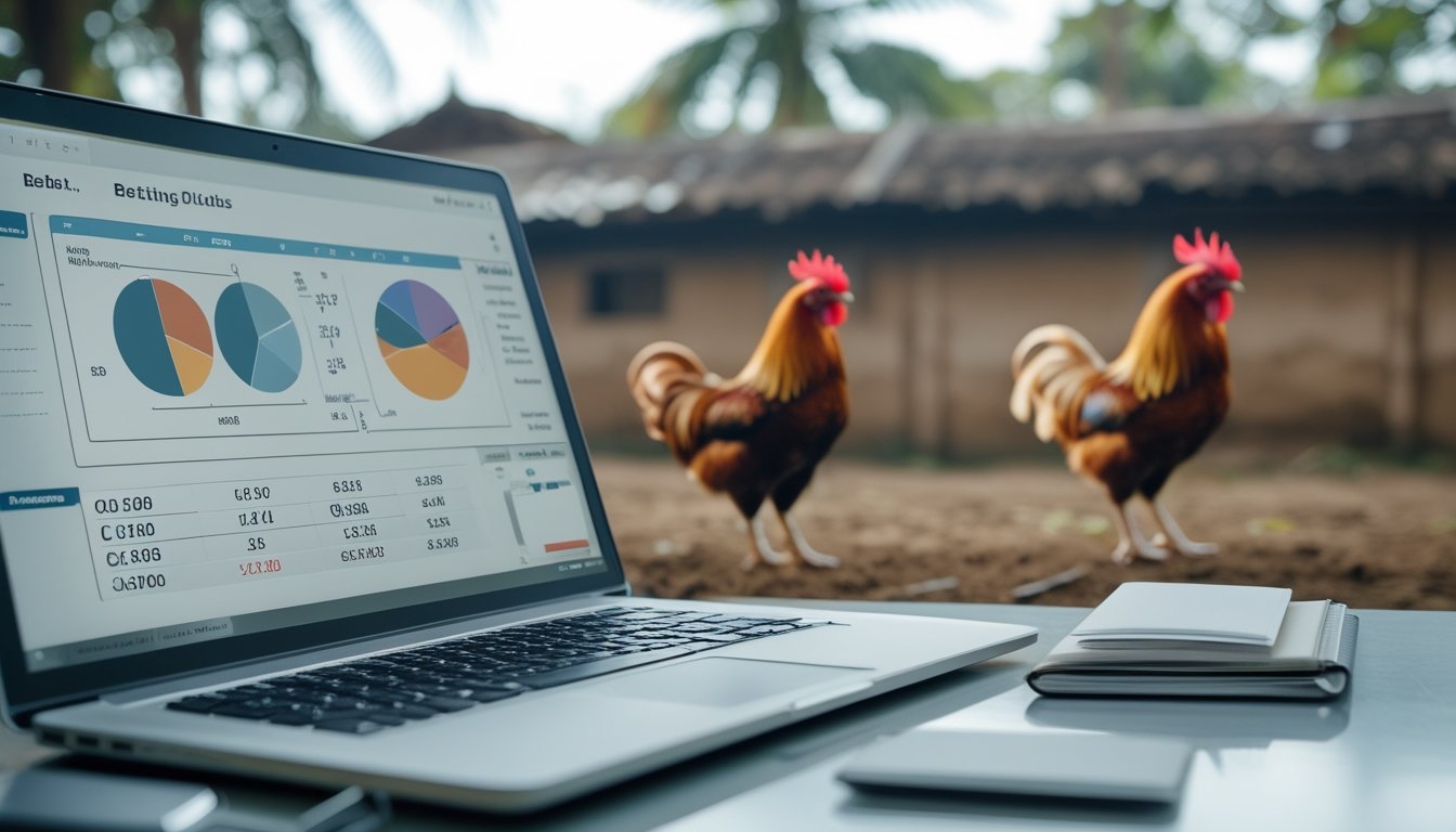 Laptop dengan grafik analisis, kalkulator, dan dua ayam jantan dalam kandang luar yang aman.