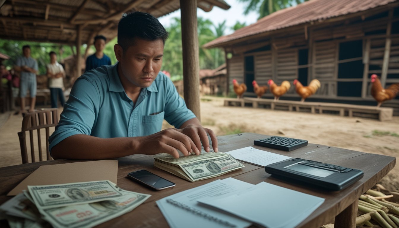 Seorang pria menata uang rupiah, kalkulator, dan amplop anggaran di meja, dengan ayam jantan dalam kandang terpisah di latar belakang.
