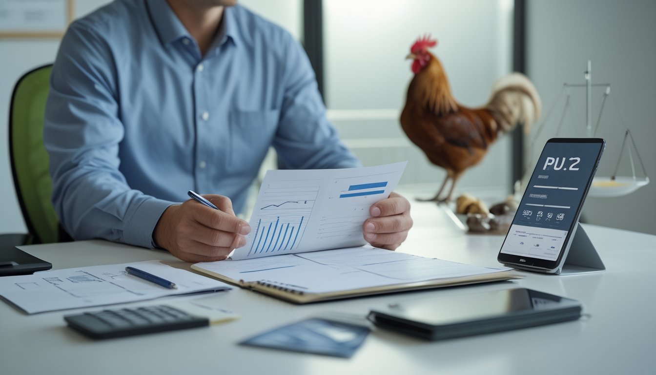 Seseorang merencanakan keuangan di meja kerja, sementara ayam sehat berada di kandang bersih di latar belakang.
