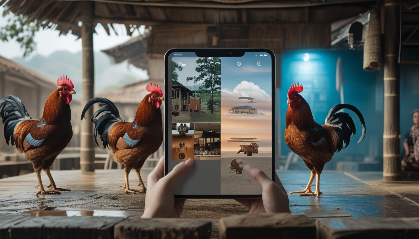 Kolase visual yang menggambarkan perkembangan tradisi sabung ayam dari suasana desa tradisional hingga penggunaan teknologi digital.