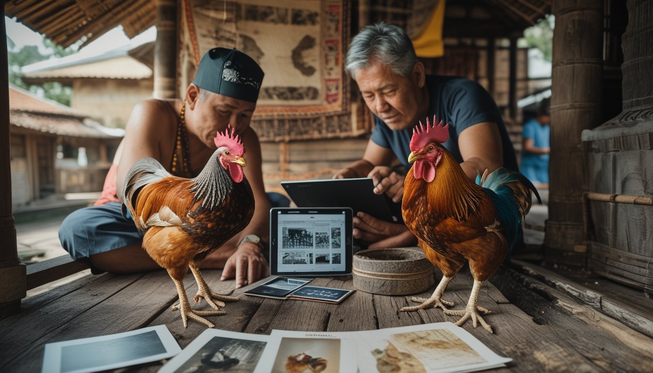 Seorang tetua budaya dan pemuda mempelajari sejarah sabung ayam melalui arsip tradisional dan perangkat digital di lingkungan desa.