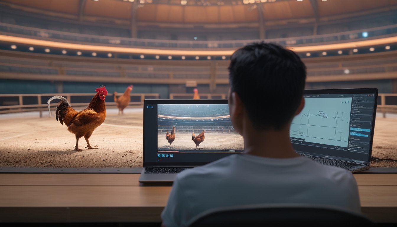 Seseorang melihat siaran langsung arena sabung ayam melalui laptop dan ponsel.