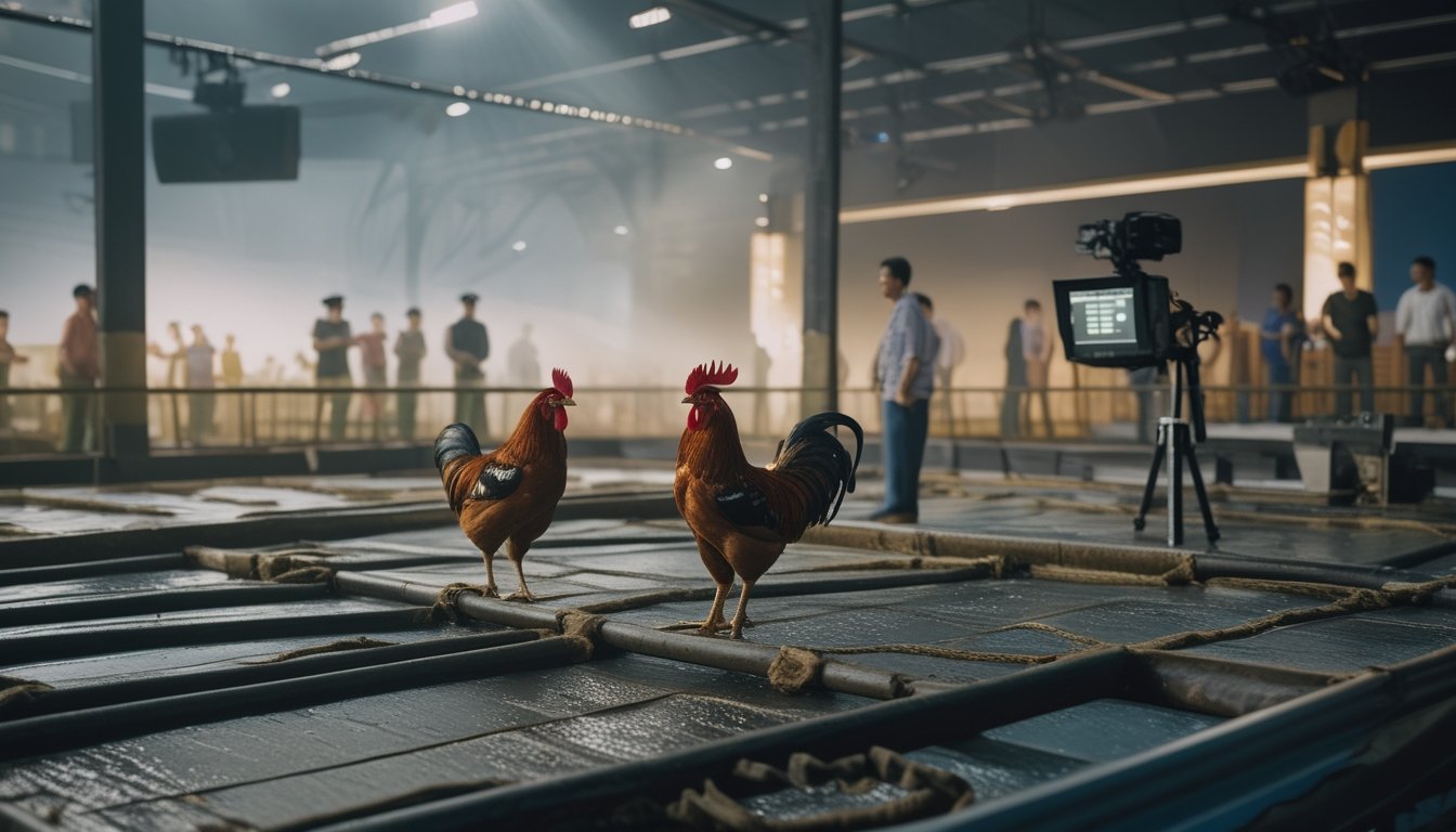 Arena sabung ayam modern dengan penonton, kamera siaran, dan dua ayam yang dipisahkan secara aman.