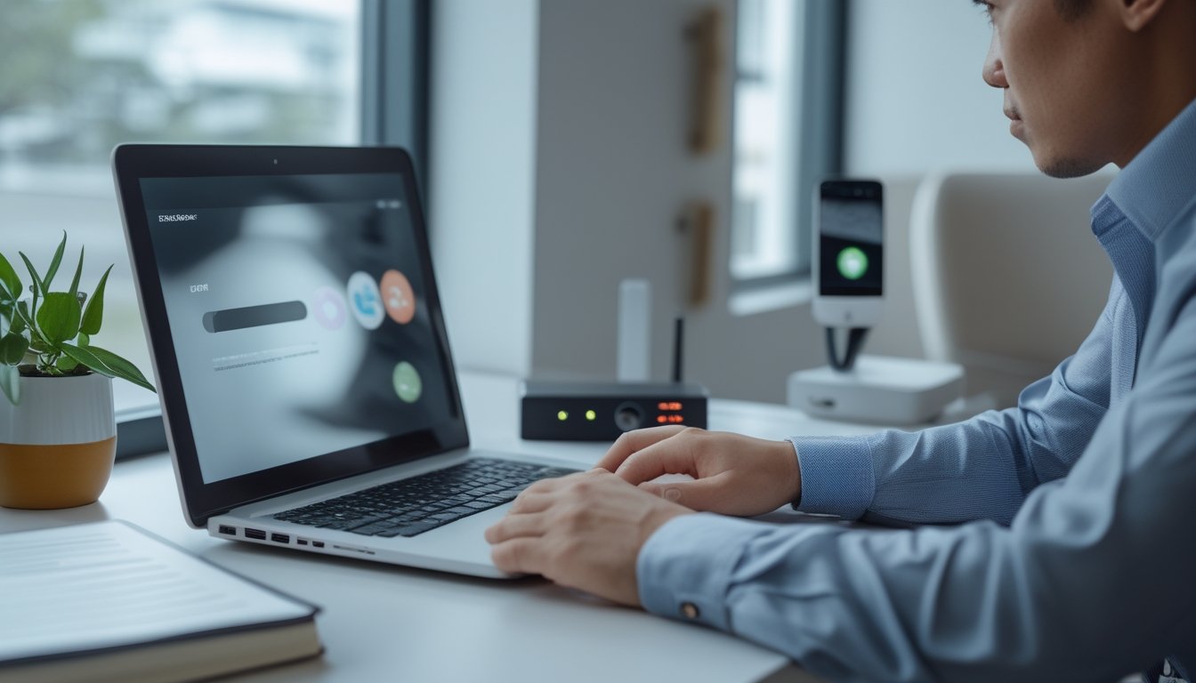 Seorang profesional memeriksa laptop dan ponsel di meja kerja untuk mengatasi masalah akses akun.