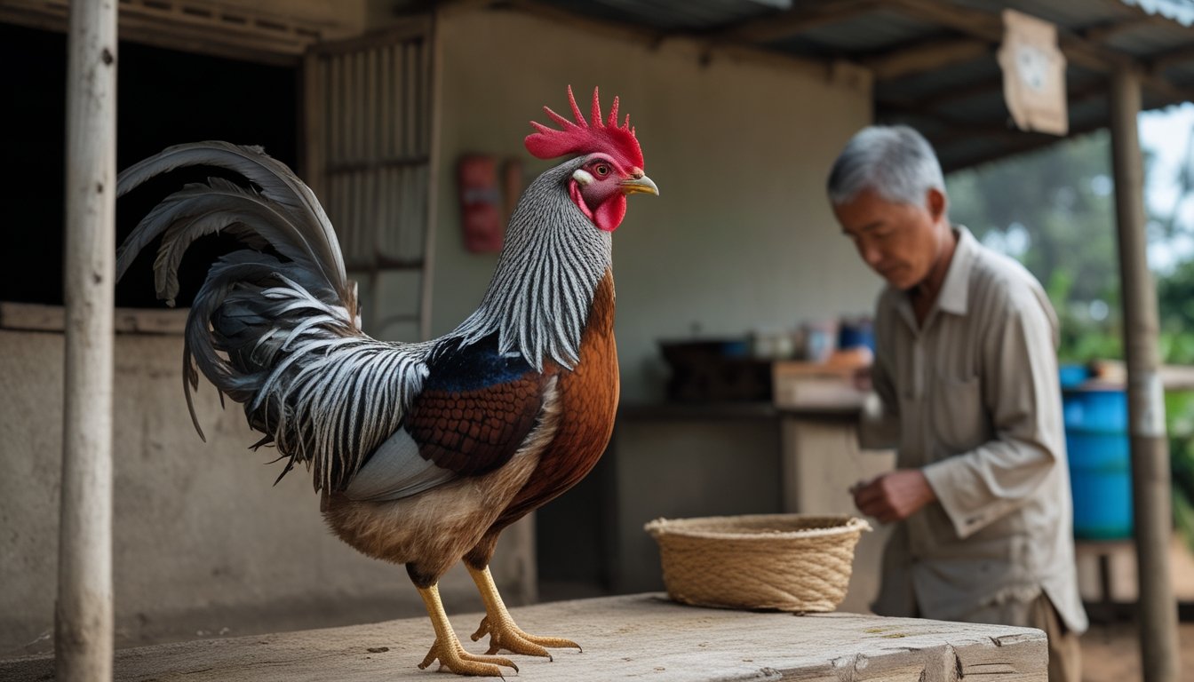 Seekor ayam jantan sehat berdiri tegak sementara seorang pria mengamatinya di lingkungan kandang yang bersih.