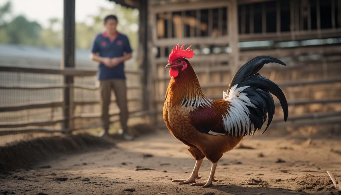 Seekor ayam jantan berdiri tegap sementara seorang pawang mengamatinya di lingkungan peternakan.