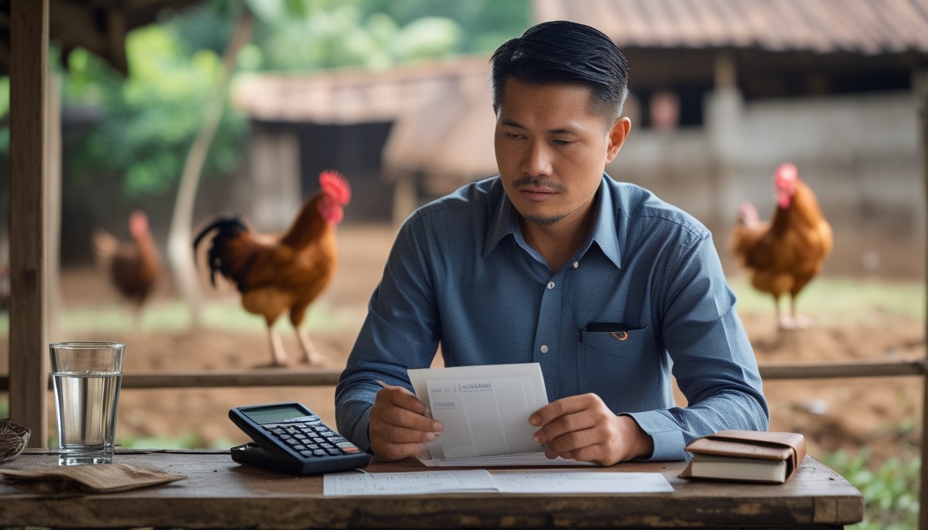 Seorang pria meninjau anggaran di meja dengan kalkulator dan amplop uang, sementara kandang ayam tampak samar di latar belakang.