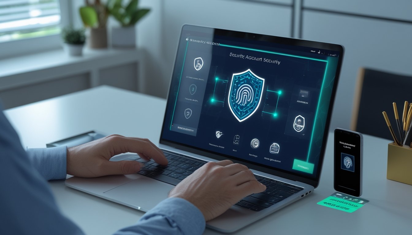 Seseorang memeriksa keamanan akun digital di laptop dengan simbol kunci, perisai, dan verifikasi pada meja kerja modern.