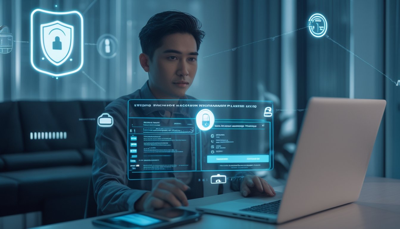 Pengguna memeriksa keamanan akun di laptop dengan ponsel dan simbol perisai digital.