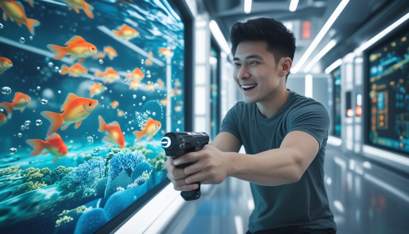 Seorang pemain dewasa menikmati permainan tembak ikan dengan layar bawah laut penuh ikan mas dan terumbu karang.