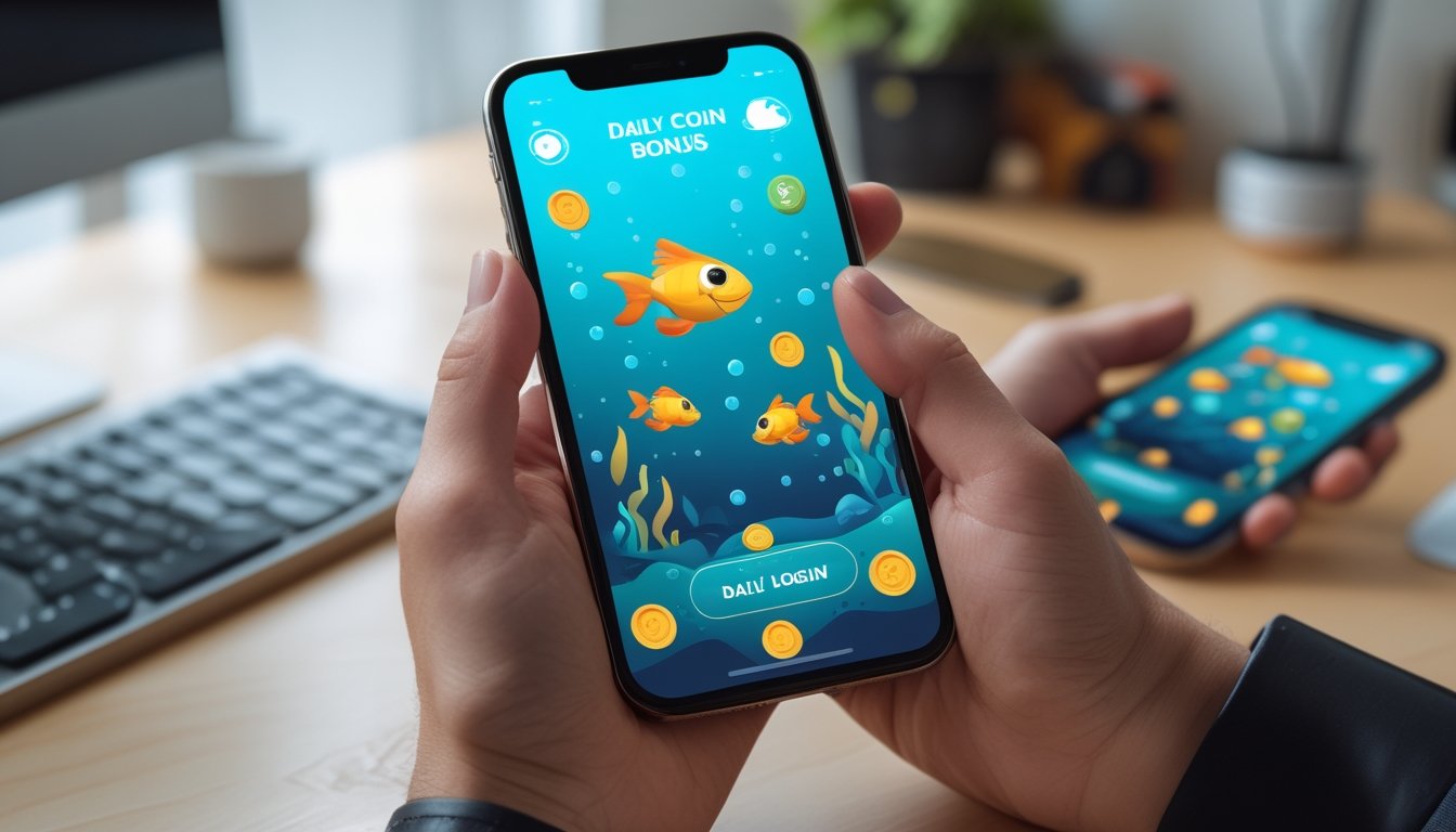 Seseorang memegang ponsel yang menampilkan permainan ikan bawah laut dengan simbol hadiah koin.