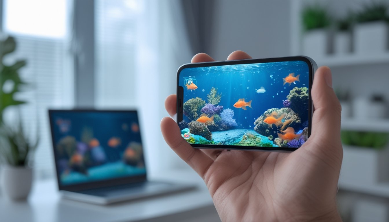 Tangan memegang ponsel yang menampilkan permainan ikan mas di lingkungan bawah laut, dengan laptop dan akuarium di latar belakang.