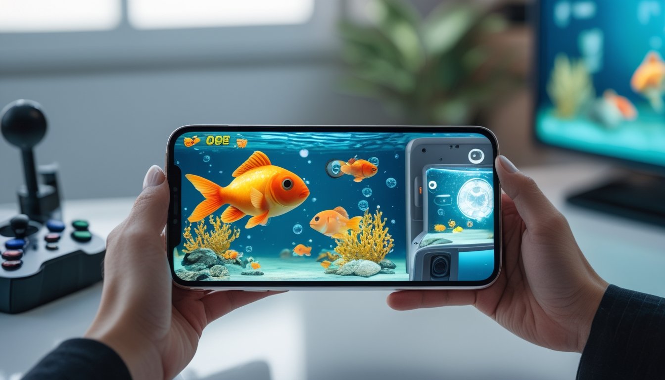 Tangan memegang ponsel yang menampilkan permainan menembak ikan dengan ikan mas dan latar bawah laut.