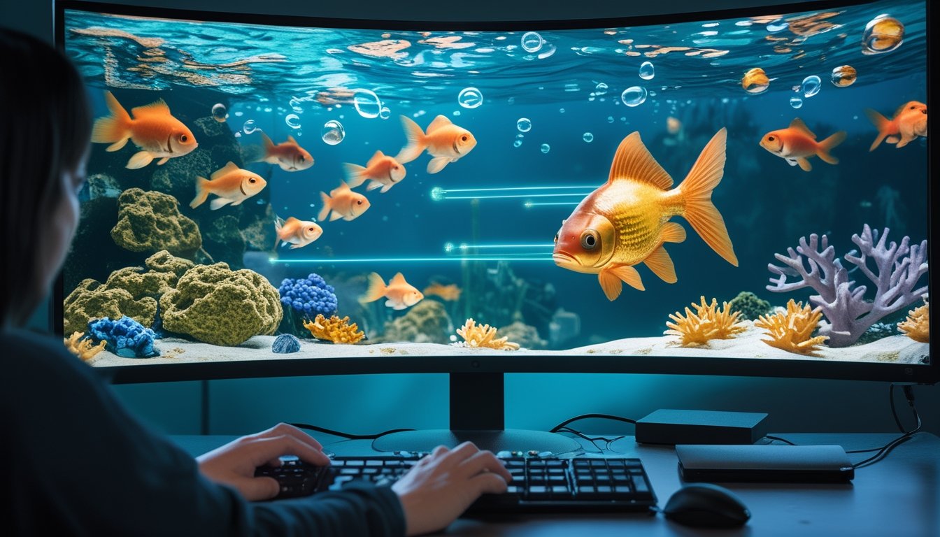 Tangan pemain mengarahkan bidikan ke ikan emas besar dalam permainan bawah laut di layar komputer.