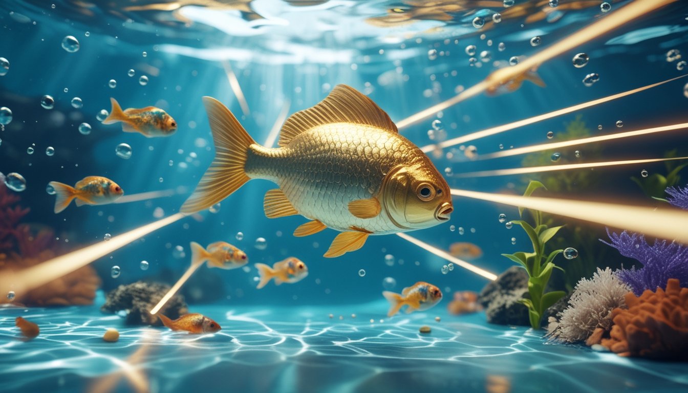 Seekor ikan emas besar bercahaya dikelilingi ikan-ikan kecil dan sinar energi di dalam laut.