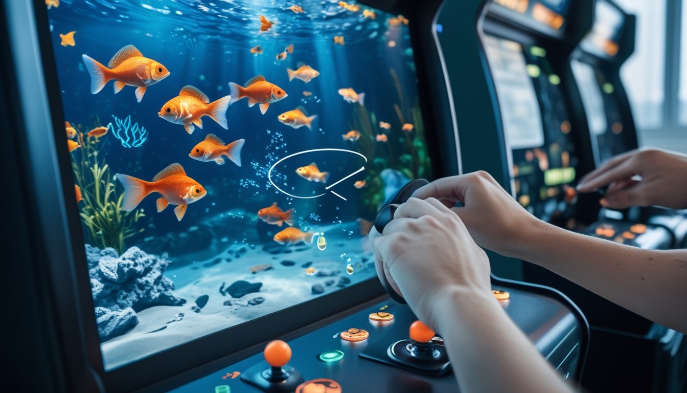 Tangan pemain mengoperasikan mesin permainan tembak ikan dengan tampilan ikan mas dan ikan tropis di bawah air.