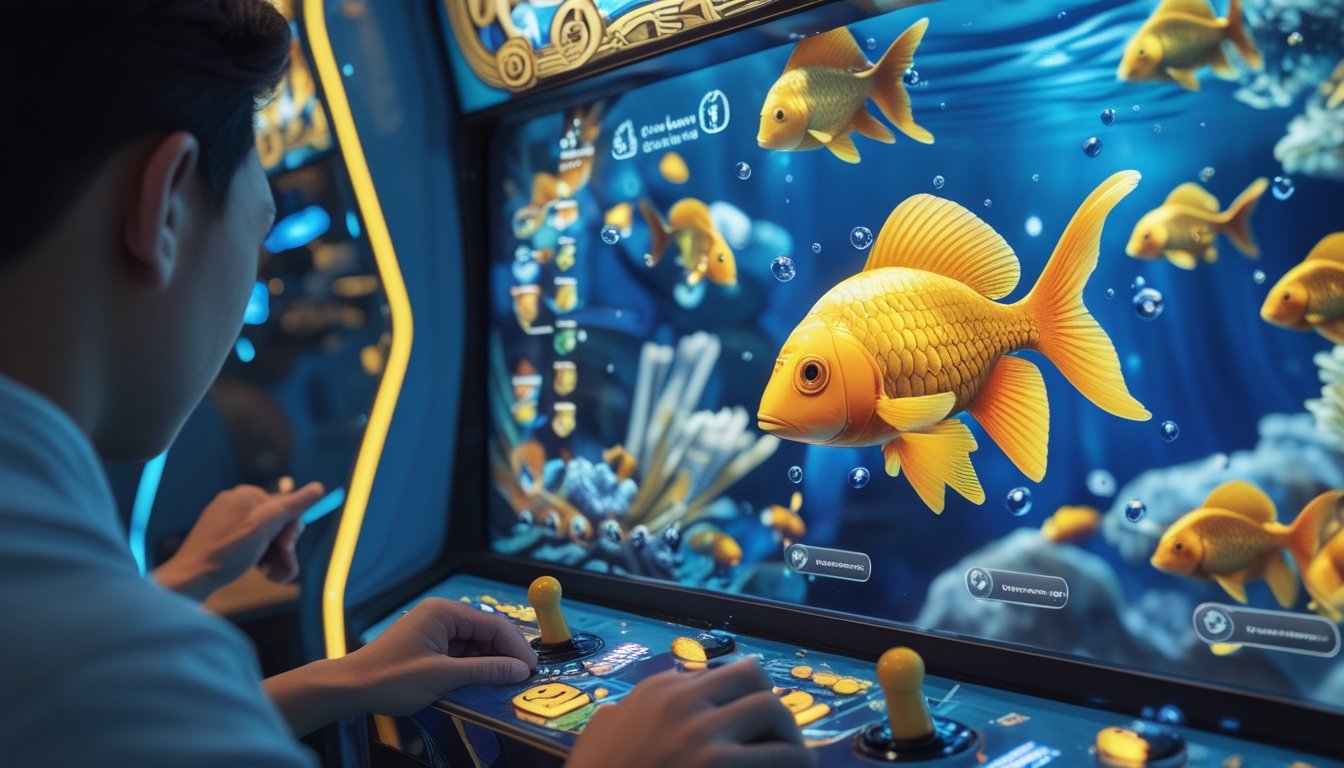 Pemain memilih berbagai meriam untuk menembak ikan mas dalam permainan arkade bawah air.