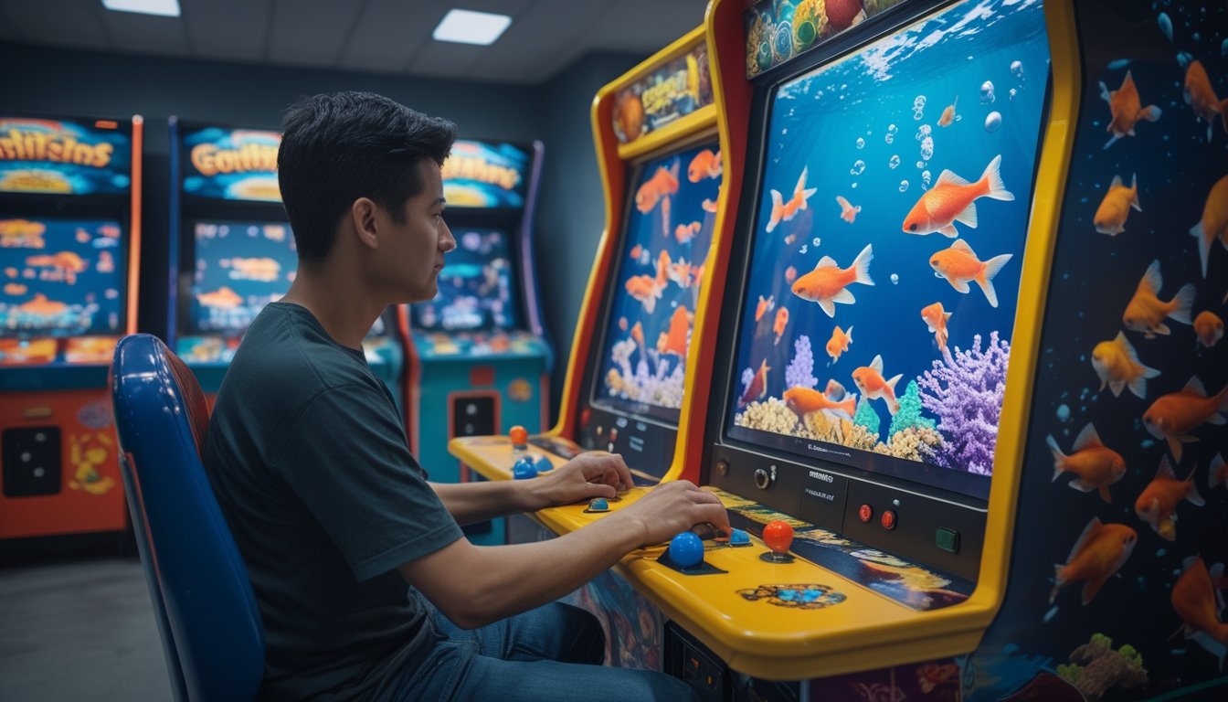 Seorang pemain dewasa bermain permainan arcade bertema ikan mas dengan tenang dan penuh perhatian.