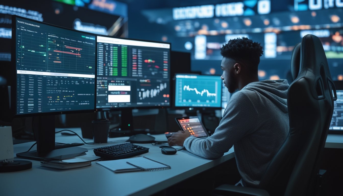 Pemula mempelajari statistik pertandingan esports di ruang kerja modern dengan beberapa layar dan catatan perencanaan.