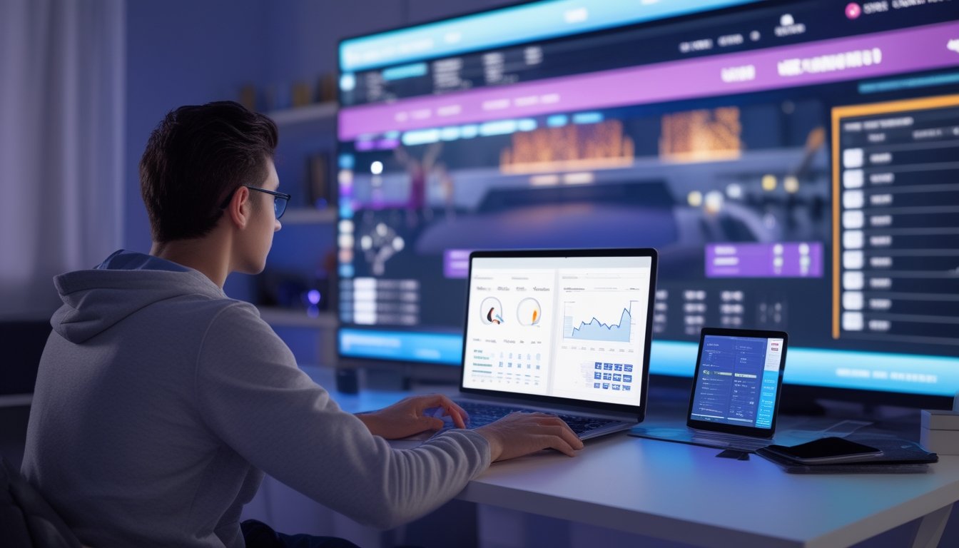 Seorang pemula mempelajari analisis pertandingan esports di meja kerja dengan laptop dan monitor.