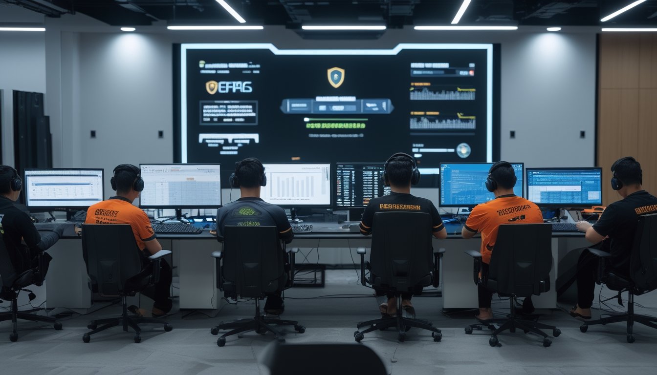 Sekelompok orang dewasa Indonesia menonton pertandingan esports di ruang modern dengan komputer dan layar analisis.