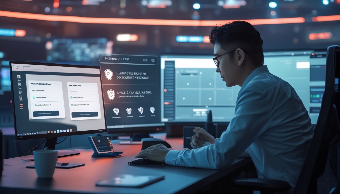 Profesional Indonesia memeriksa verifikasi legalitas operator esports melalui layar komputer di ruang kerja modern.