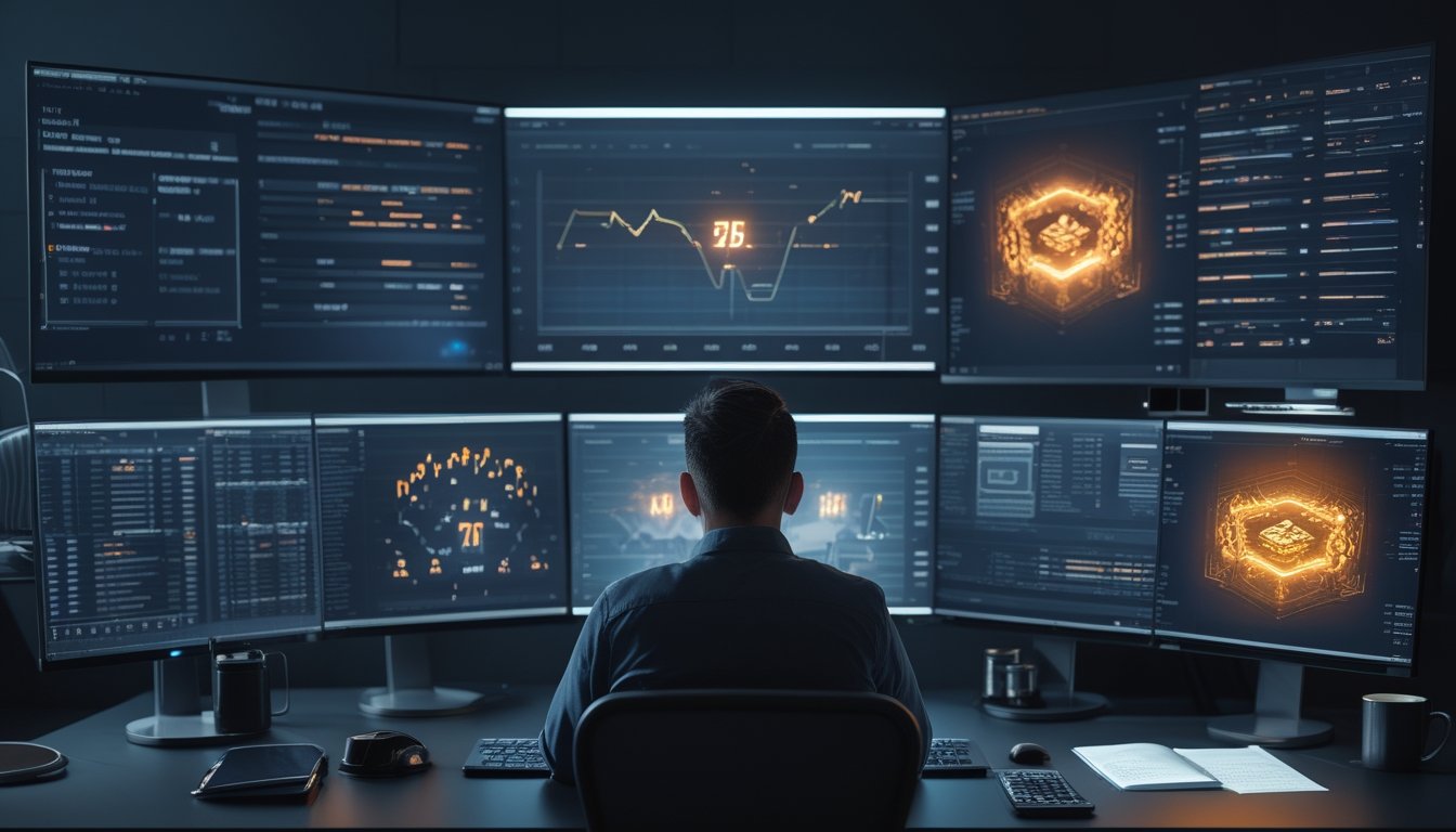 Analis esports memeriksa grafik performa dan peluang turnamen pada beberapa layar di meja kerja modern.