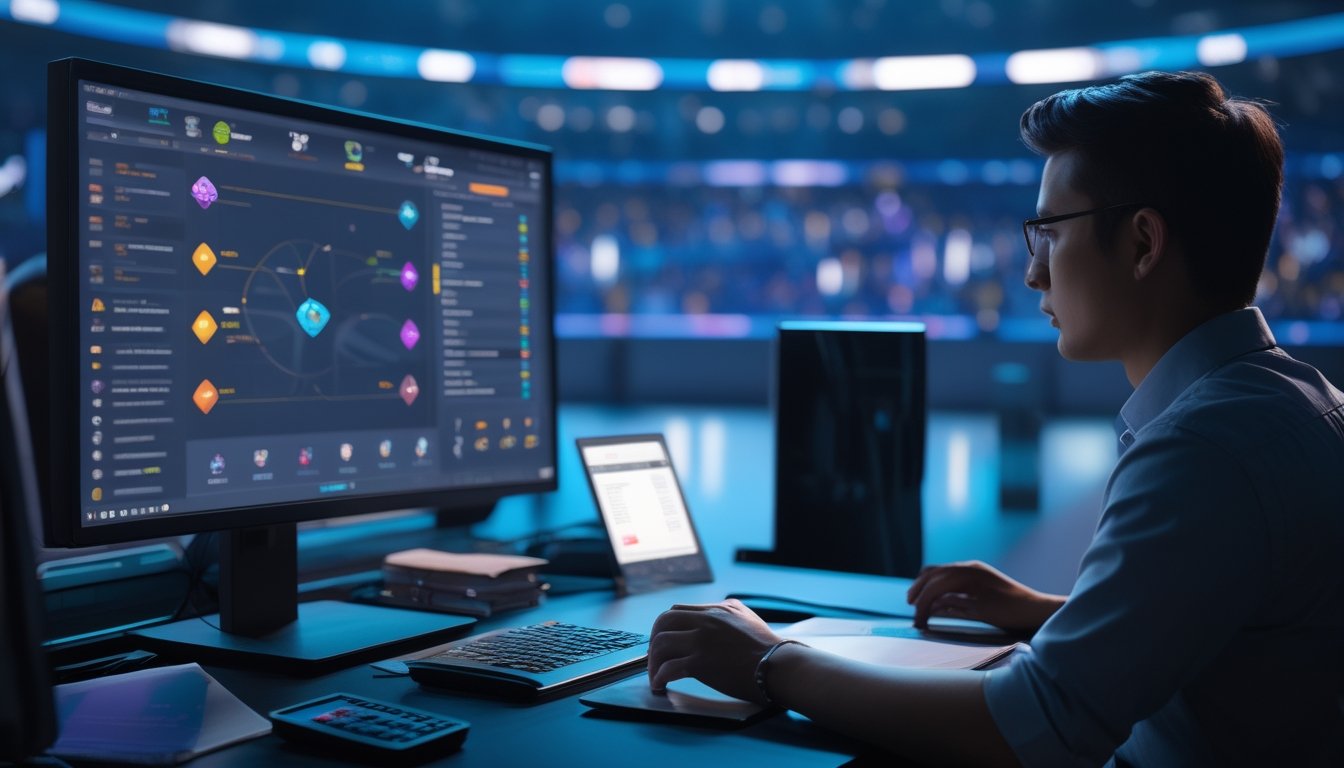 Seorang analis mempelajari grafik dan data pertandingan Mobile Legends di ruang kerja esports modern.