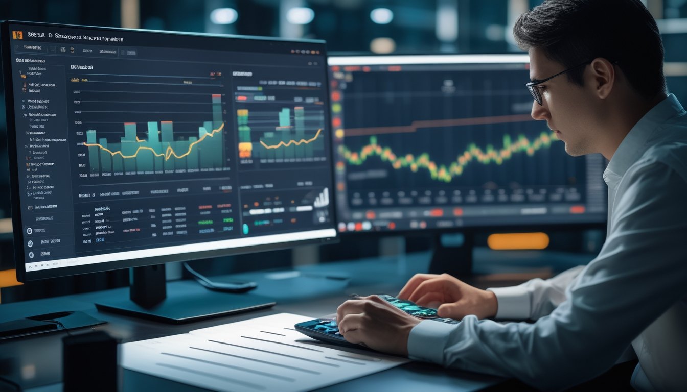 Seorang analis memeriksa statistik pertandingan esports dan grafik peluang di ruang kerja modern.