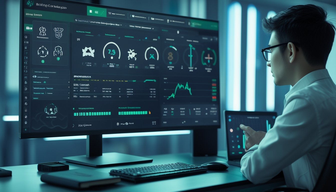 Analis mempelajari grafik peluang dan statistik pertandingan gim esports di ruang kerja modern.