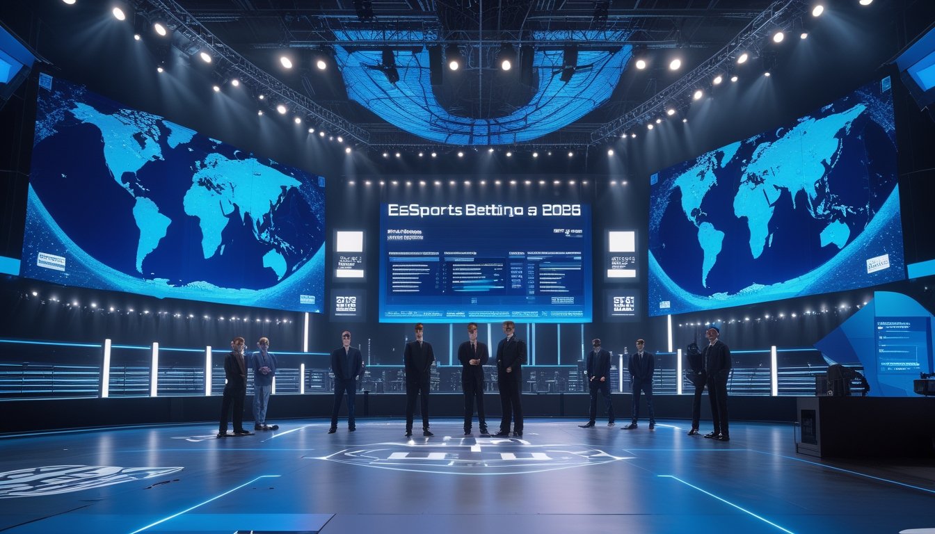 Arena esports internasional dengan pemain profesional bertanding, penonton, dan tampilan analitik digital bergaya futuristis.
