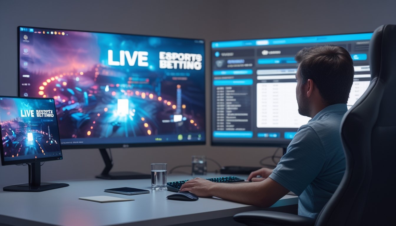 Orang dewasa menonton pertandingan esports di ruang gaming dengan meja kerja yang rapi dan perangkat digital.