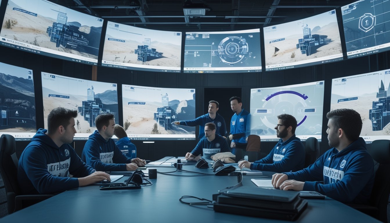 Tim analis dan pemain esports membahas strategi pertandingan di ruang analisis modern dengan beberapa layar data.