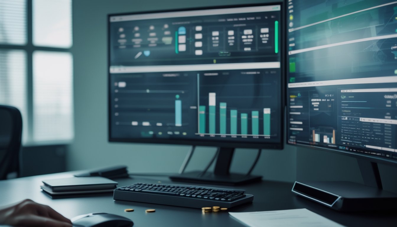 Seorang analis esports mengatur rencana keuangan di meja kerja dengan grafik, kalkulator, dan token yang tertata.