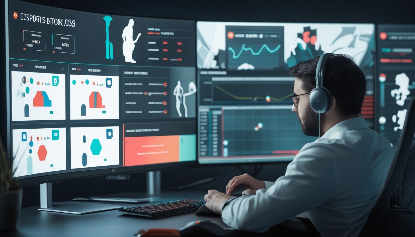 Seorang analis mengamati layar pertandingan esports dengan berbagai panel analisis di ruang kerja modern.
