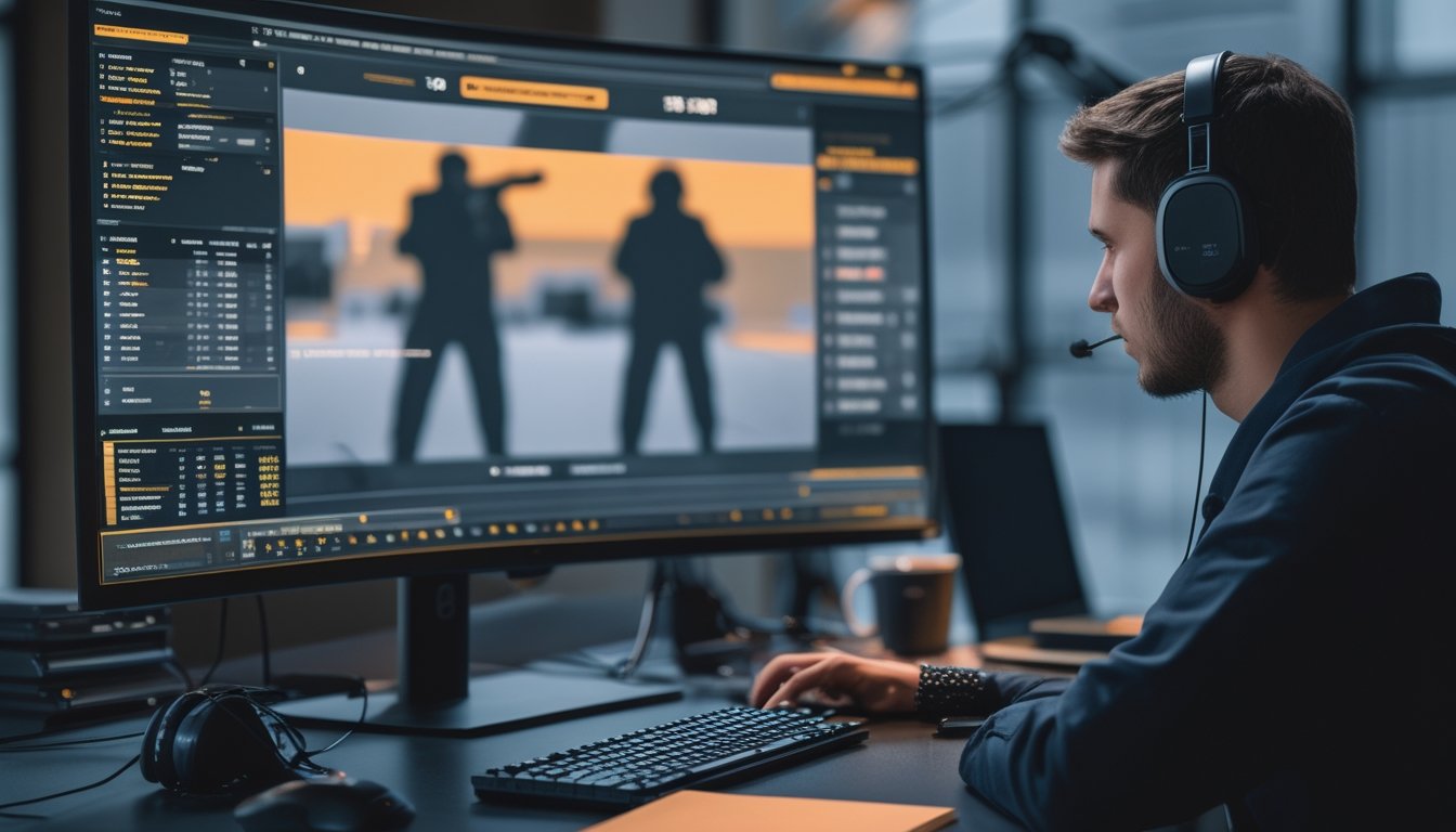 Seorang analis mengamati layar pertandingan esports di meja kerja dengan perangkat komputer dan perlengkapan gaming.