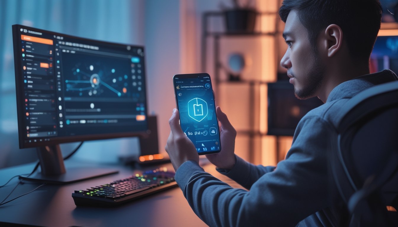 Seseorang menggunakan ponsel di samping perlengkapan gaming, dengan suasana yang menggambarkan manfaat dan risiko taruhan esports.