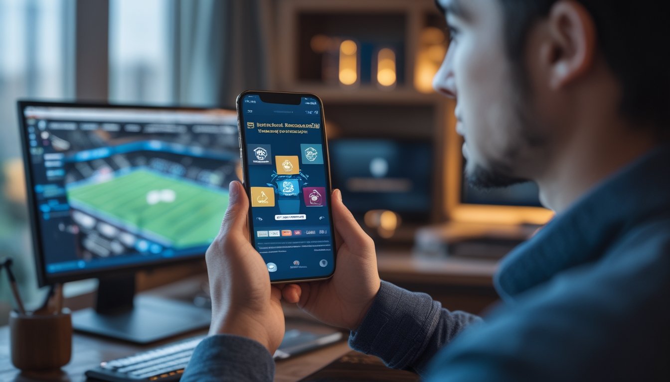 Orang dewasa menggunakan aplikasi seluler terkait pertandingan esports dengan tampilan yang menonjolkan pertimbangan dan keamanan.