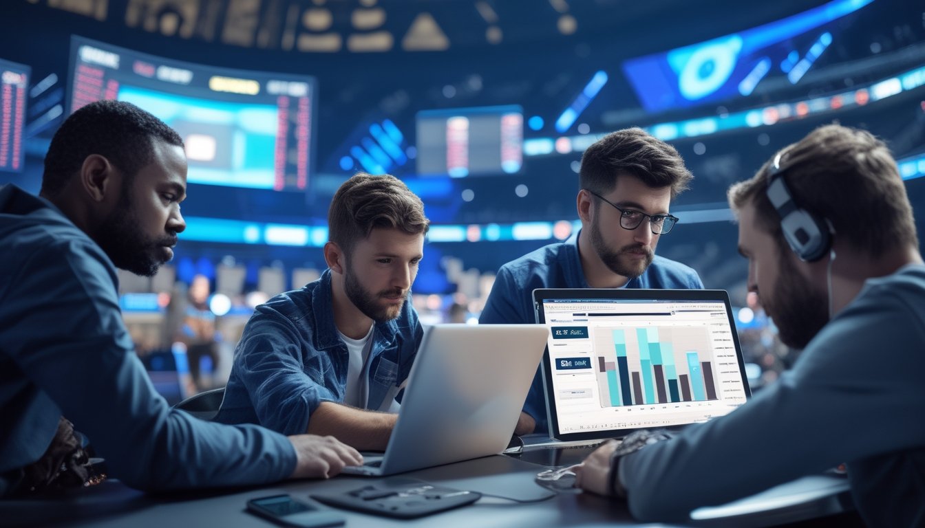 Penggemar dan analis dewasa mempelajari statistik pertandingan esports di arena turnamen internasional.