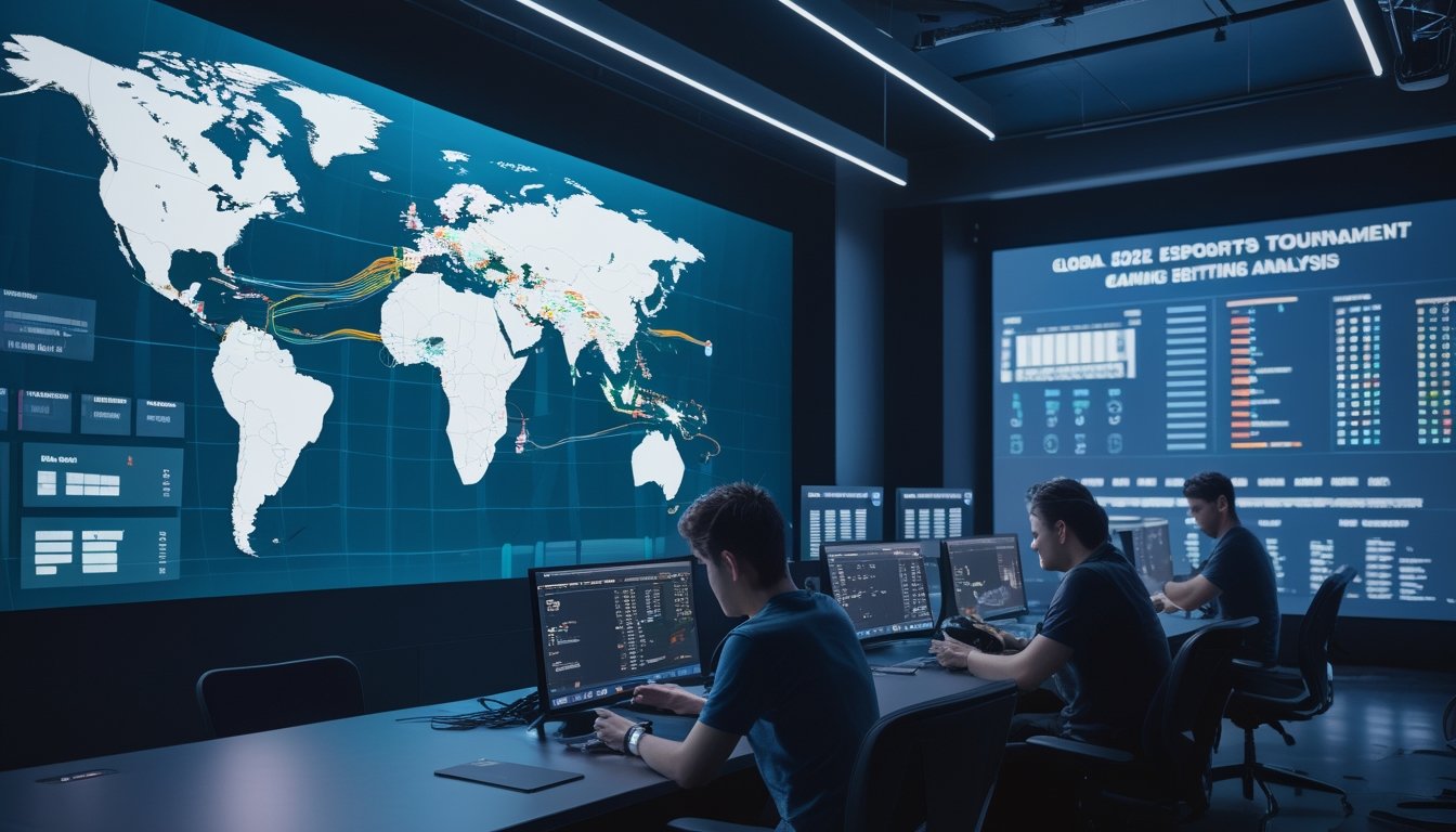 Analis esports menganalisis peta turnamen global dengan tampilan data digital di studio modern.