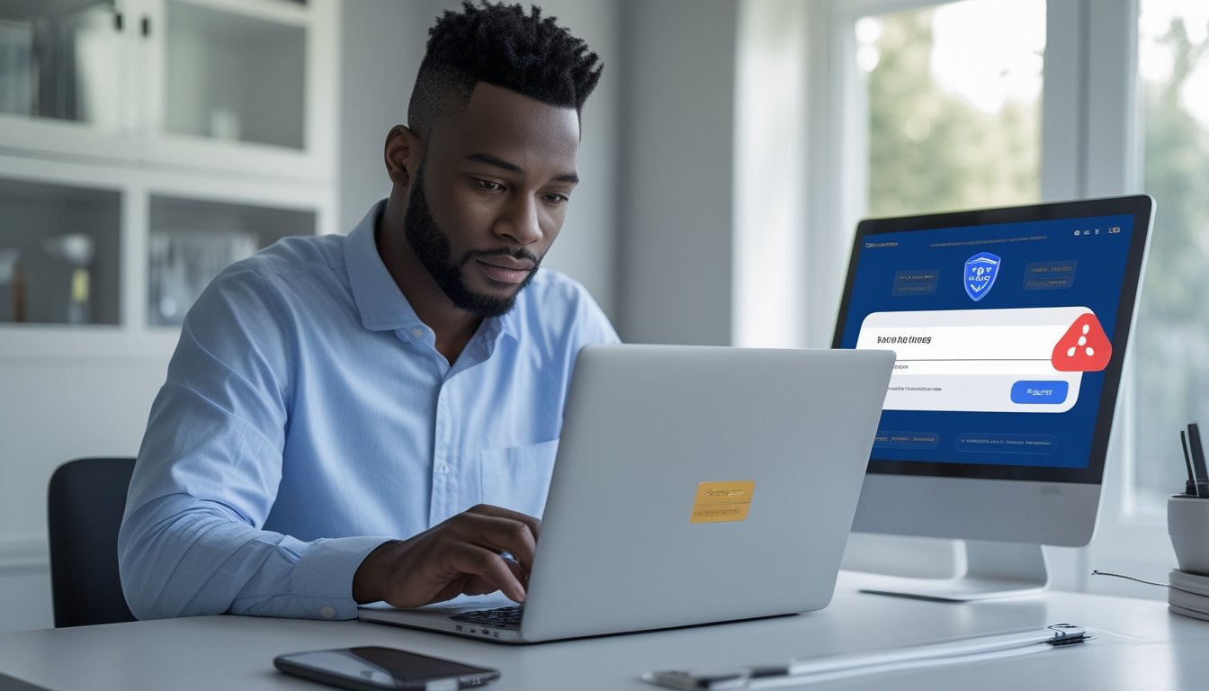Seseorang memeriksa keamanan platform taruhan online di laptop dengan simbol perisai dan peringatan penipuan.