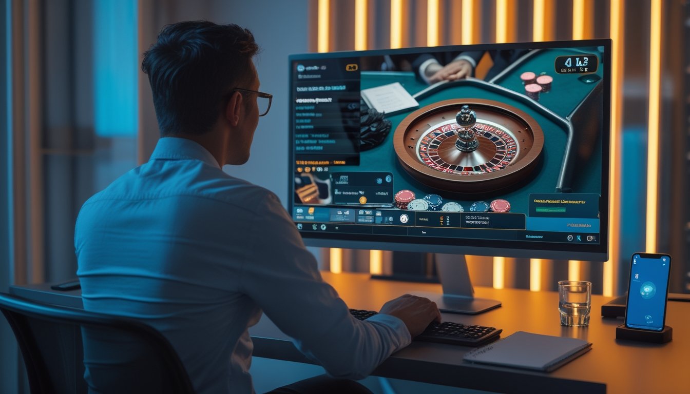 Orang dewasa melihat siaran langsung meja kasino di monitor dari meja kerja modern.