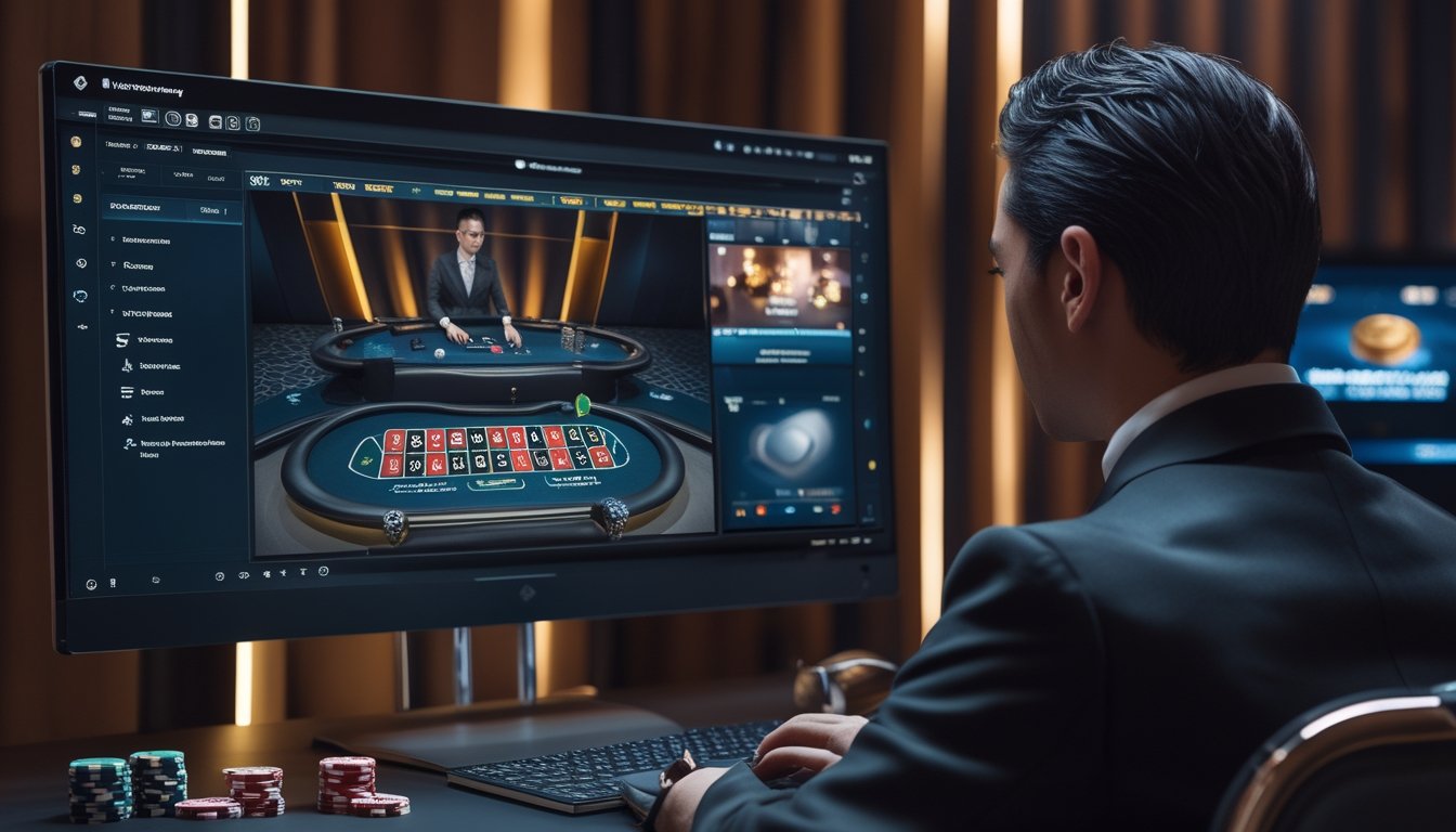 Layar komputer menampilkan dealer kasino langsung di meja roulette dalam lingkungan digital modern.