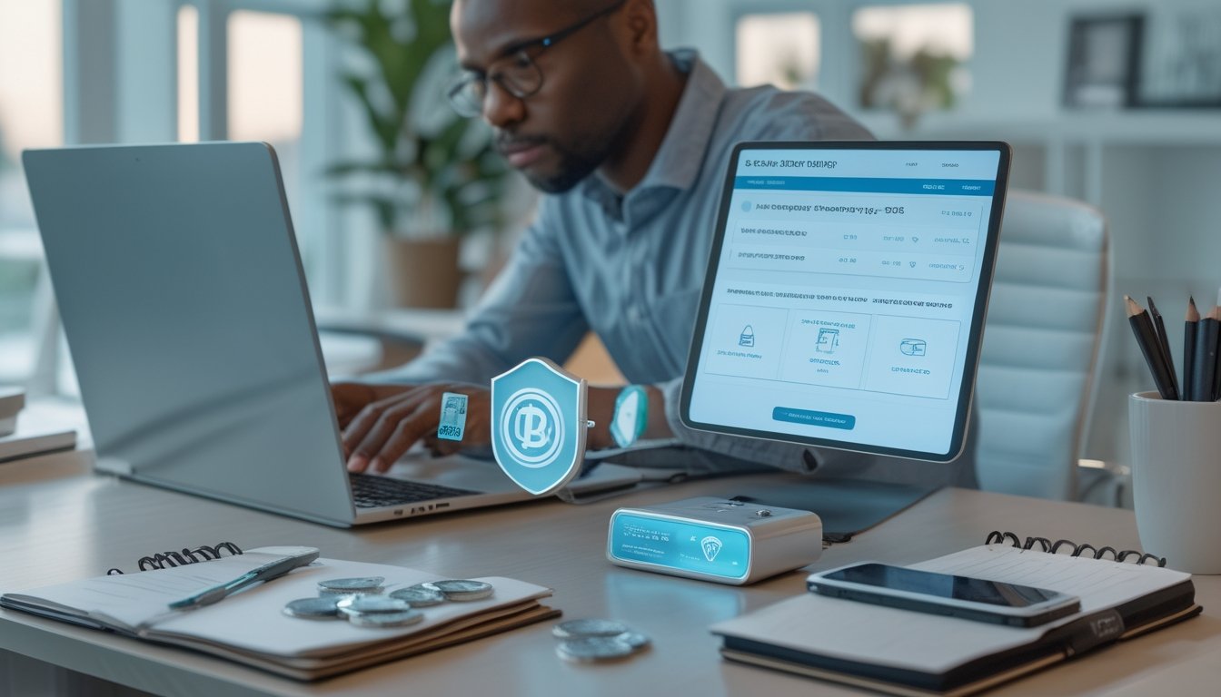 Orang dewasa memeriksa platform taruhan dan dompet mata uang kripto dengan perangkat keamanan di ruang kerja modern.