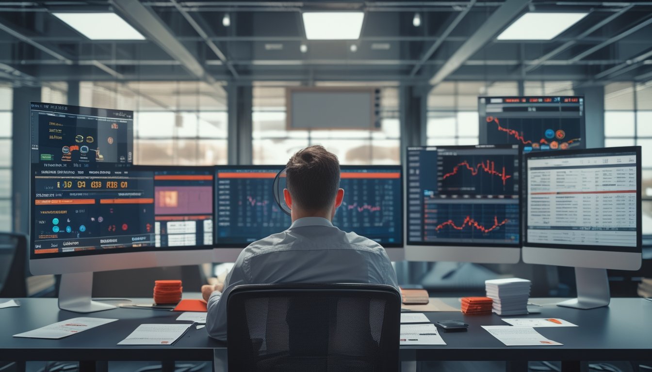 Seorang analis olahraga meninjau data pertandingan di meja kerja dengan tanda-tanda kesalahan penilaian dan risiko.