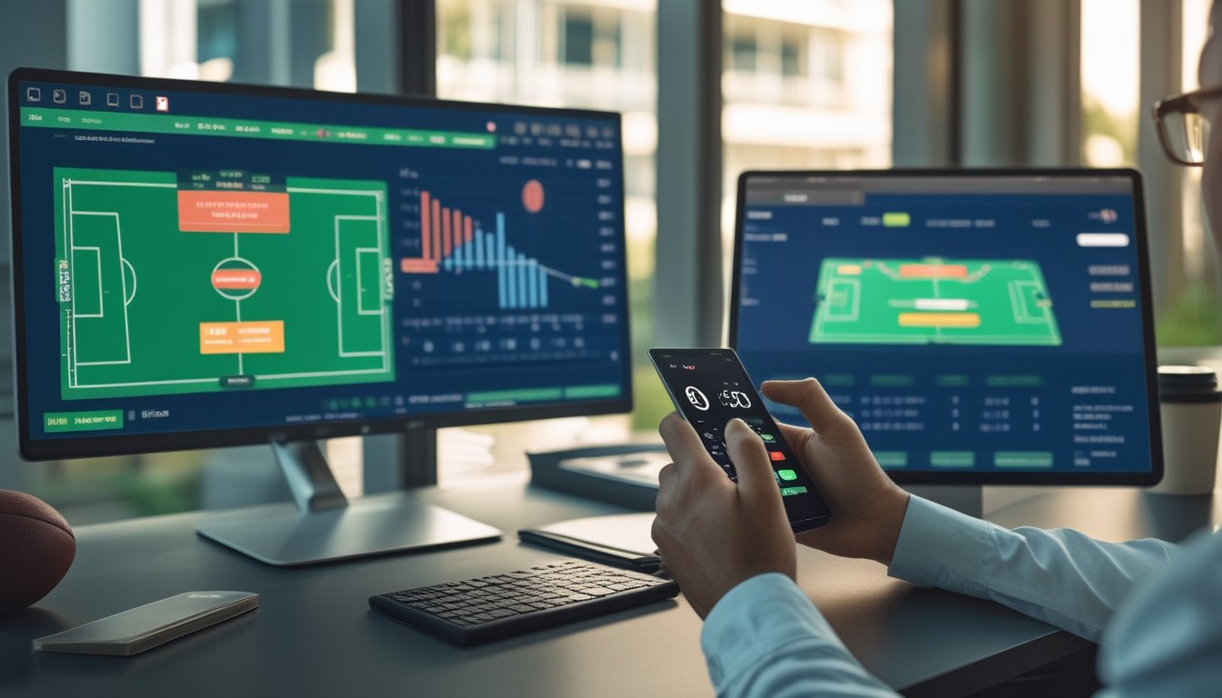 Seorang analis dewasa mempelajari statistik pertandingan sepak bola di meja kerja dengan monitor, tablet, bola, dan kalkulator.