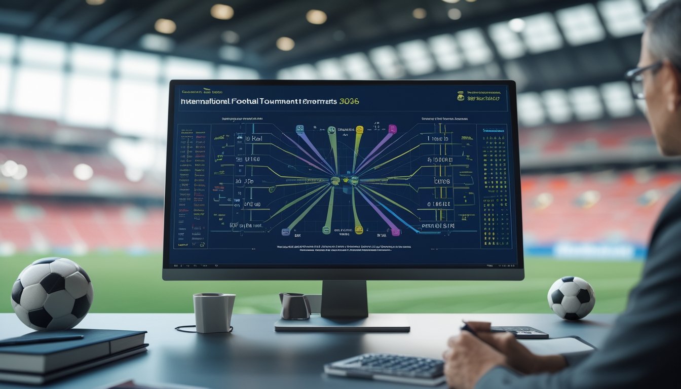 Analis olahraga mempelajari bagan turnamen sepak bola dan klasemen liga di meja kerja modern.