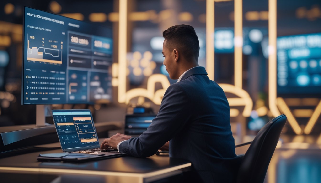 Seorang analis dewasa mempelajari dasbor data dan grafik perbandingan di ruang kerja modern.